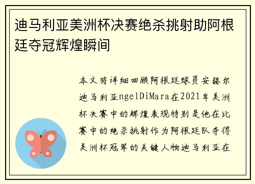 迪马利亚美洲杯决赛绝杀挑射助阿根廷夺冠辉煌瞬间